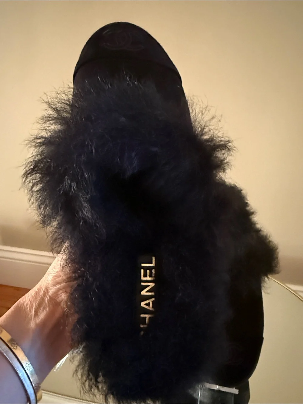 Chanel Black Suede Real Fur Shearling Clogs Mules Sz 40